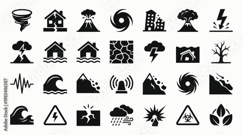 Natural disaster outline icons set – emergency, hazard, weather symbols
