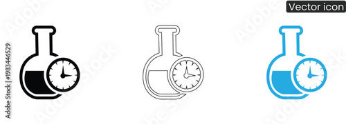 Vector set of laboratory flask with clock icons in black, line art, and blue on white background, perfect for science and time management concepts