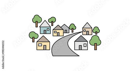 A colorful illustration of a suburban neighborhood.
