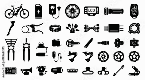 Electric Bike Icons. Electric biking. Solid icon set of electric biking: e-bike, battery pack, charger, motor hub, display panel, throttle, key fob, kickstand,