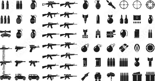 Military and Weapon Icon Set with Guns, Grenades, Ammunition, and Military Vehicles for Defense, Security, and Combat Designs