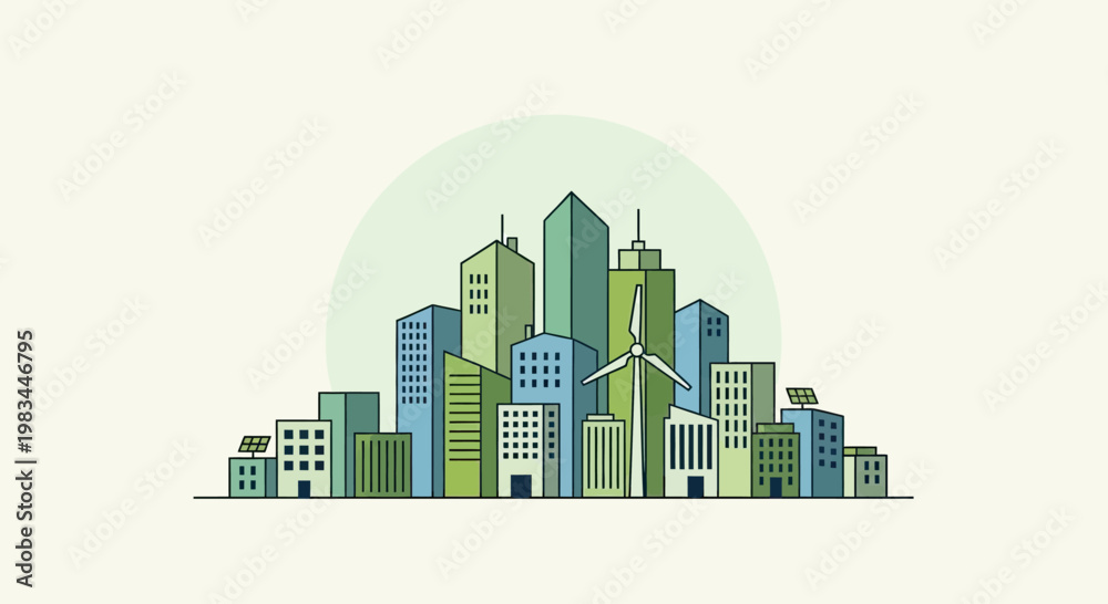 Fototapeta premium A modern cityscape featuring skyscrapers, a wind turbine, and solar panels