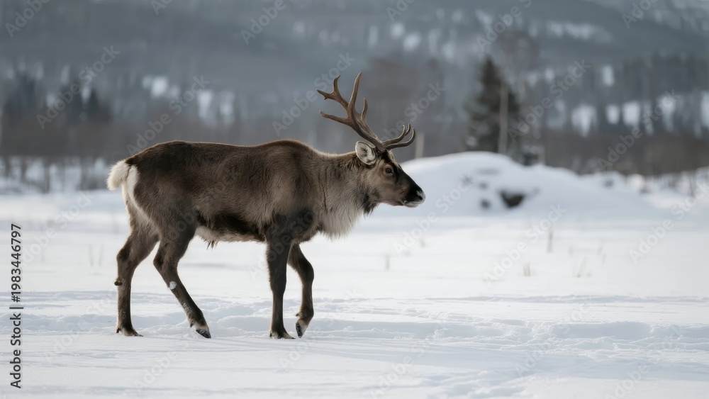 Obraz premium A reindeer with large antlers walking across a snowy landscape in winter