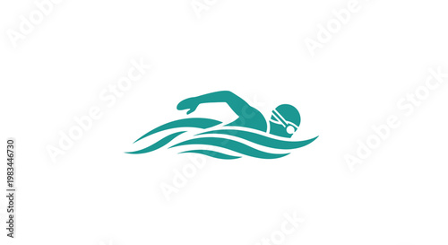 Teal swimming logo with waves.