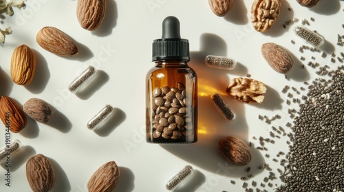 Omega 3 Supplement Bottle Surrounded by Walnuts and Chia Seeds