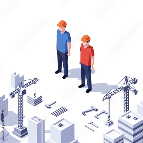 Two construction workers overseeing a building site with cranes and materials.
