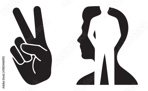 Victory Sign and Psychology Mind Negative Space Silhouette Vector