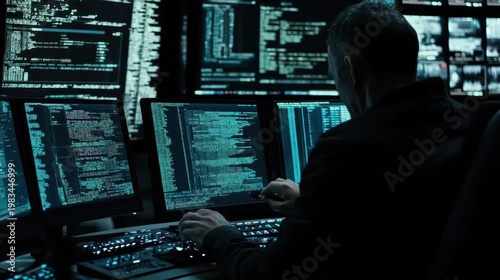 Programmer coding on multiple screens with cool lighting