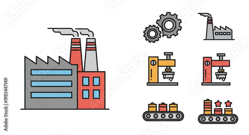 Industrial factory and manufacturing icons set.
