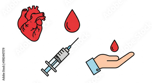 Medical icons representing heart blood and healthcare services.