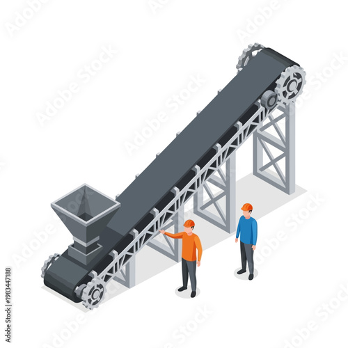 Industrial conveyor belt system with workers overseeing operations.
