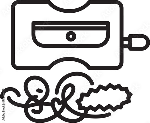 Premium Flat Black & White Vector Pencil Sharpener Icon with Wooden Shavings for Office Productivity, Stationery Branding, Educational Materials, Design Templates, Business Presentations