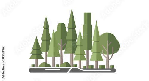 A graphic illustration depicting a row of stylized green trees of various shapes and sizes