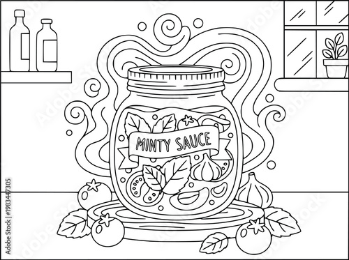 Peppermint coloring page with a jar of herbal sauce and fresh tomatoes