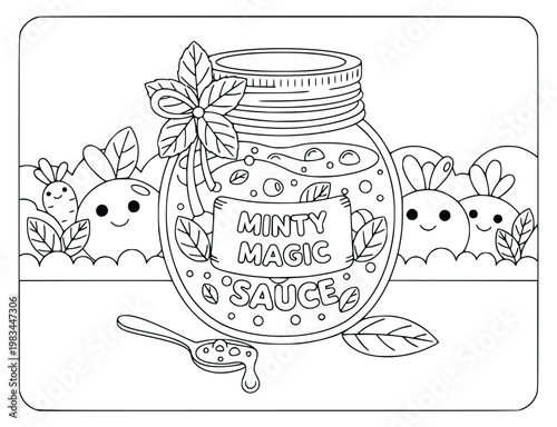 Peppermint coloring page for kids showing a glass jar of herbal sauce