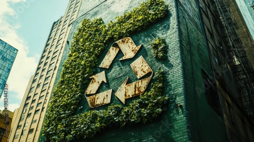 Recycle Symbol on Green Urban Building Facade