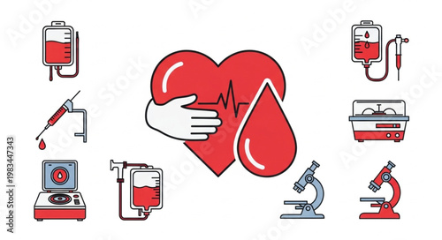 Heart with hands and blood drop medical icons.