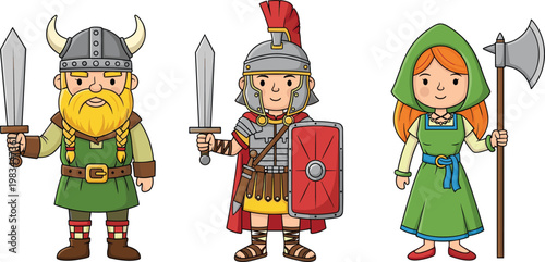 Photos Viking Warrior, Roman Soldier, and Medieval Axe-Wielding Woman Characters with S
