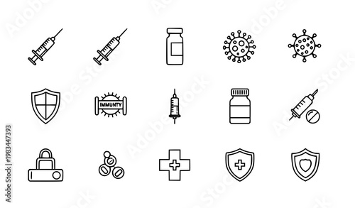 Medical vaccination syringe icon set coronavirus vaccine immunity healthcare line vector illustration