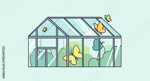 Glass greenhouse with colorful butterflies and lush green plants