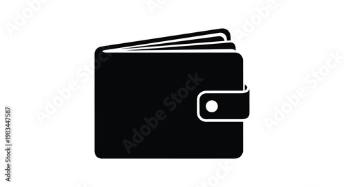 A simple black silhouette depicts a closed leather wallet with a snap closure representing finance and personal items silhouette high quality