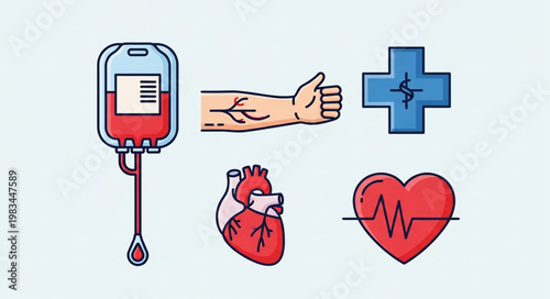 Medical icons representing blood donation and heart health.