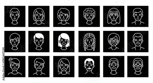 Collection of Diverse Hand Drawn Human Faces in Black Squares.
