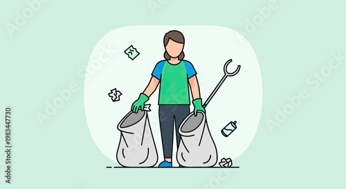 Person with trash bags, grabber tool, and litter