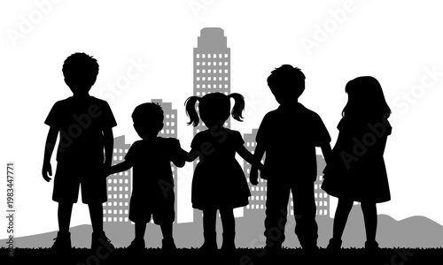 Silhouette of diverse children standing together in front of a city skyline, representing friendship, unity, and the innocence of childhood in an urban setting