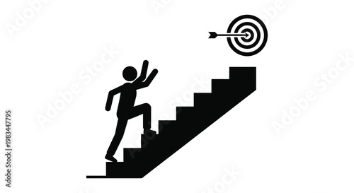 A figure climbs stairs towards a dartboard target symbolizing achievement and progress depicted as a silhouette high quality professional detailed modern