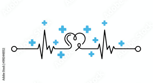 Medical illustration of a healthy human heart with heartbeat line and medical symbols representing cardiovascular
