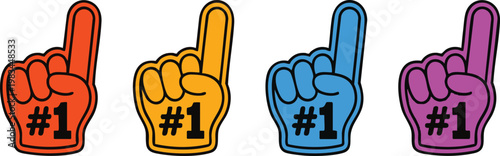 Fan foam hands number one set. Vector illustration of sports fan finger gloves with #1 sign. Collection of red, blue, green, black icons for game support. Winner champion concept.