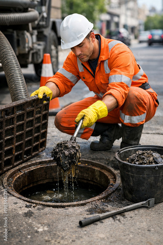 Maintenance worker at work: A dedicated maintenance worker, clad in safety attire, meticulously examines and cleans a street drain.