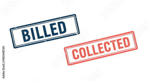 Close-up of two rubber stamps marked BILLED and COLLECTED in red and blue ink on white background
