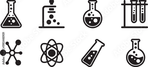 Biochemistry lab icons featuring various glass flasks test tube racks and molecular structures for scientific discovery. vector illustration