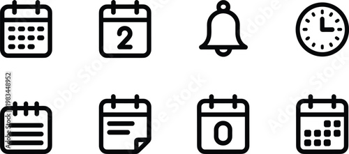 calendar, date, schedule, time, clock, reminder, event, planner, agenda, notification, deadline, organization, icon, vector, outline, minimal, line, design, symbol, collection