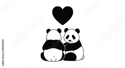 Two adorable pandas sit back to back with a heart floating above depicting love and companionship a charming silhouette high quality professional