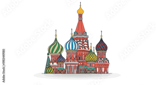 Foto Stylized depiction of ornate, colorful onion domes and towers on a white backgro