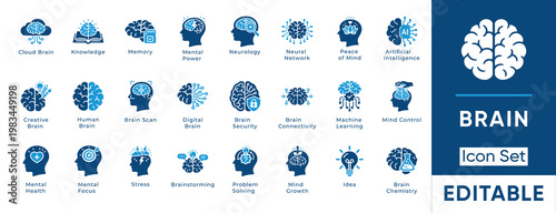 Brain icon set. Containing mind, brainstorming, head, nerve cell, cognition, thinking, intelligence, awareness and more. Solid vector icons collection.