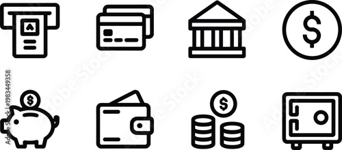 finance, banking, money, payment, atm, card, wallet, savings, coin, safe, investment, economy, icon, vector, outline, minimal, line, design, symbol, collection