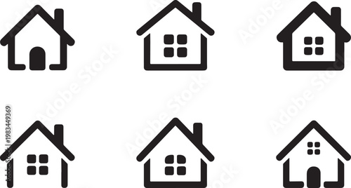 Collection of simple house icons featuring various window styles and door designs for real estate and home applications. vector illustration