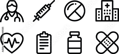 medical, healthcare, doctor, syringe, hospital, medicine, heart, health, clipboard, vaccine, pharmacy, icon, vector, outline, minimal, line, design, symbol, illustration, collection