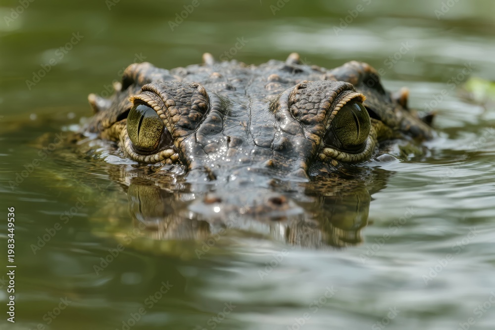Fototapeta premium Close-up of a crocodile's eyes and snout partially submerged in water