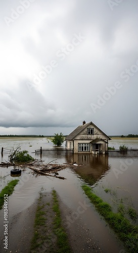 Flooded House in a Rural Landscape After a Storm.