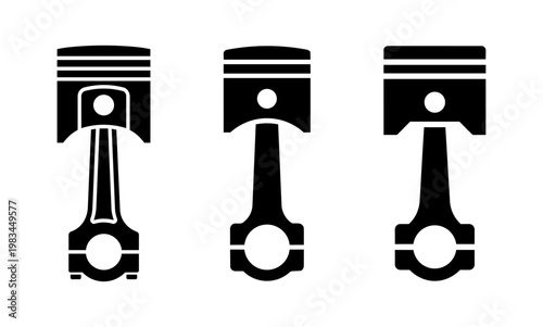 Set of three engine piston and connecting rod icons, automotive mechanical parts silhouette