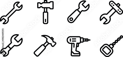 tools, hardware, repair, wrench, hammer, drill, icon, vector, set, outline, equipment, construction, maintenance, minimal, line, design, symbol, illustration, collection, toolkit