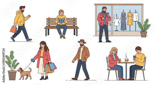 Diverse people in casual winter clothing enjoying various outdoor and indoor activities.