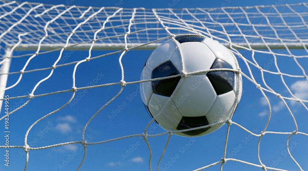 Naklejka premium Classic soccer ball Football tearing through goal net on a bright day, goal in soccer