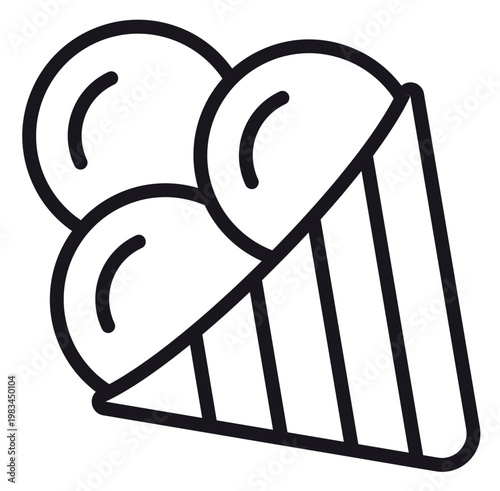 Minimalist black line art vector icon of a delicious ice cream cone with three scoops of gelato, perfect for food menus, summer themes, and dessert shop branding, isolated on white background.