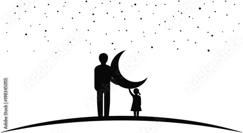 A father and daughter stand gazing at a crescent moon under a starry night sky a striking silhouette high quality professional